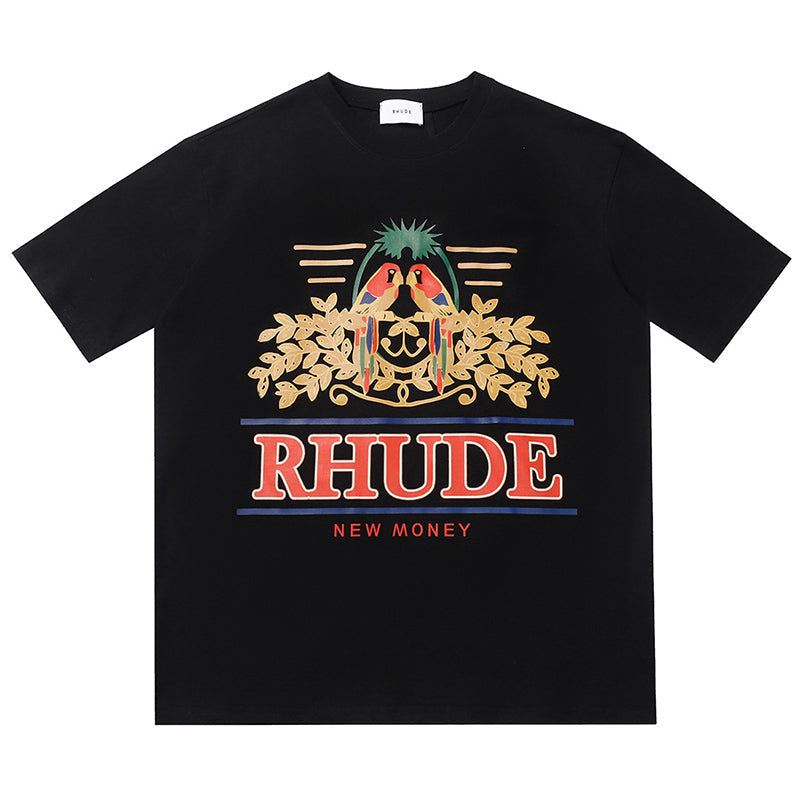RHUDE Summer Macaw Flower Slogan Short Sleeve T-Shirt RHUDE