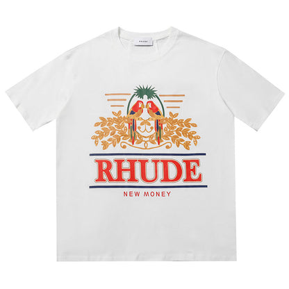 RHUDE Summer Macaw Flower Slogan Short Sleeve T-Shirt RHUDE